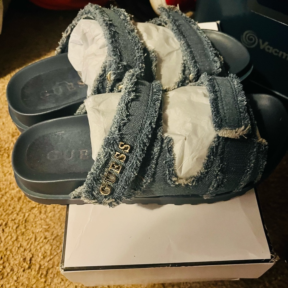 Guess Frayed Denim Slides with Gold Logo